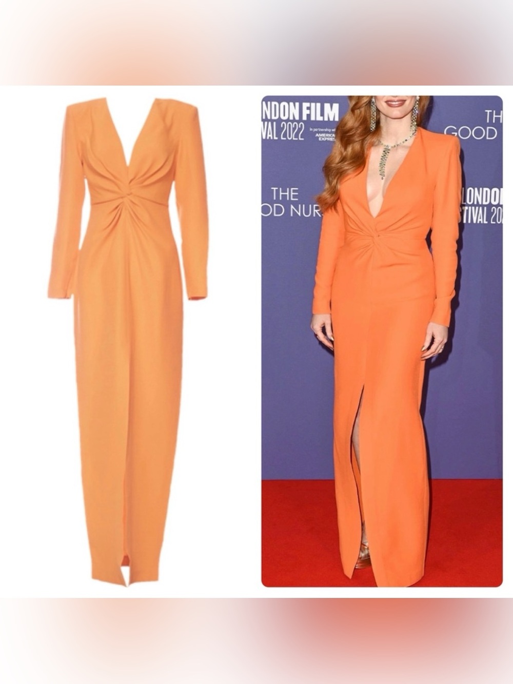 Roland Mouret twist front maxi dress in orange wool in size 4 US, 8 UK